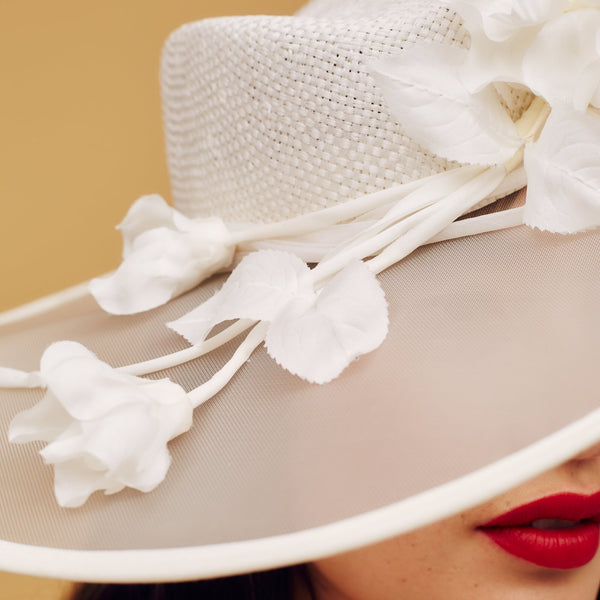 Ivory white straw and crinoline fedora with hand-made blossom trimming - Awon Golding Millinery