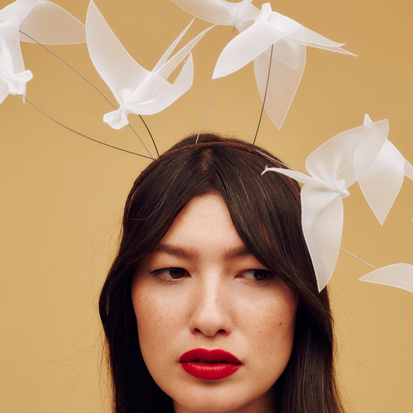 Flock of hand-made ivory white ombre crinoline birds on headband - Awon Golding Millinery