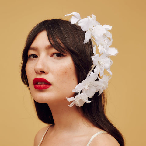 Ivory white silk orchid headpiece with mini crystalised stamen accents - Awon Golding Millinery