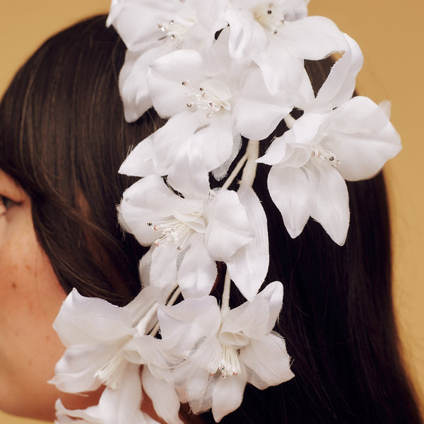 Ivory white silk orchid headpiece with mini crystalised stamen accents - Awon Golding Millinery