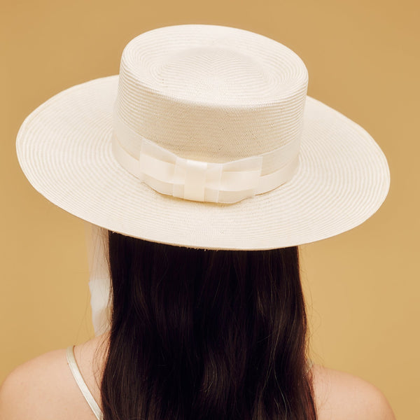 Ivory white parasisal straw boater with tulle under-chin ties - Awon Golding Millinery