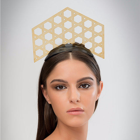Shillong - Laser-cut polished brass tiara on black leather base & headband. 