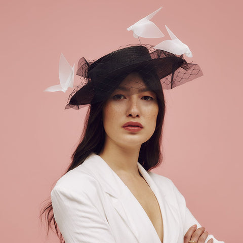 Black buntal straw boater with tulle and net veiling and hand-made ivory ombre crinoline birds. - Awon Golding Millinery