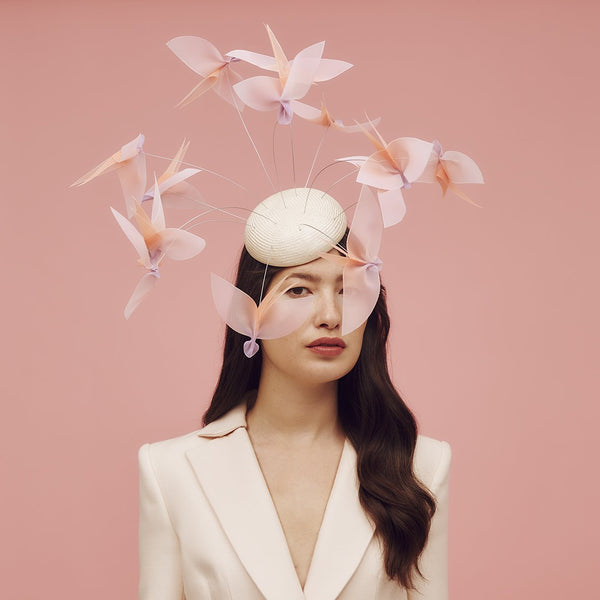 Natural parasisal straw beret hat with flock of hand-made ombre crinoline birds - Awon Golding Millinery