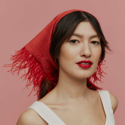 Misty Red Silk and Feather Headscarf
