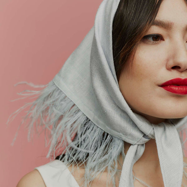 Misty Blue Silk and Feather Headscarf