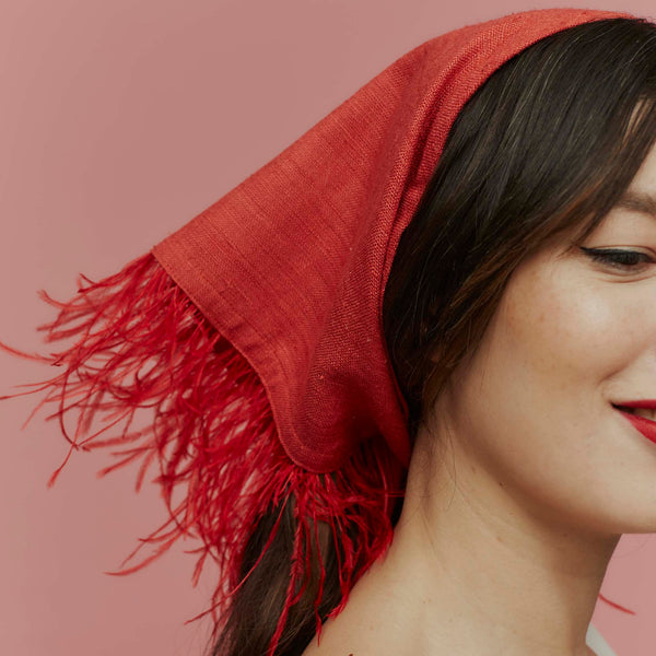 Misty Red Silk and Feather Headscarf