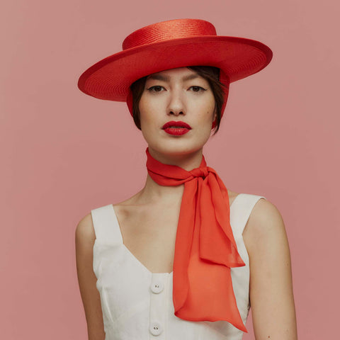 Lorena Red Straw Boater with Silk Scarf Ties