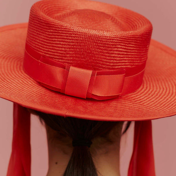 Lorena Red Straw Boater with Silk Scarf Ties