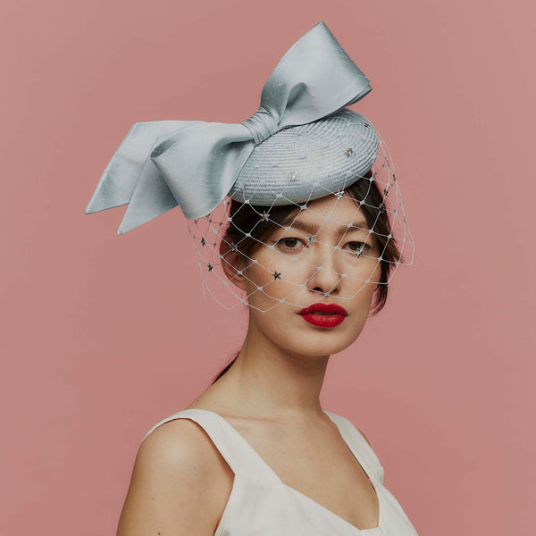 Starr Blue Straw Beret with Veil and Large Bow