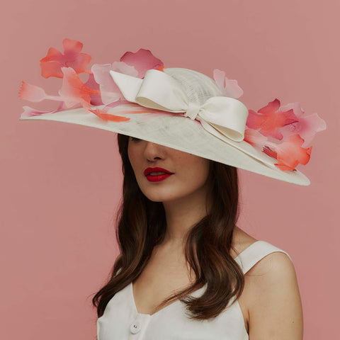 Dumont White Wide Brim Hat with Poppies and Bow